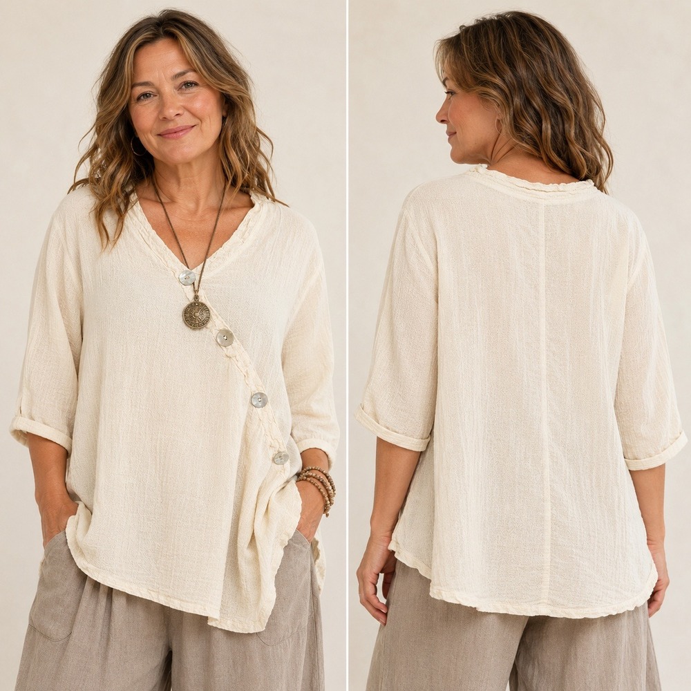 Oh My Gauze! Womens Blouse Cream Asymmetrical Button Cotton Cropped Top Size 1